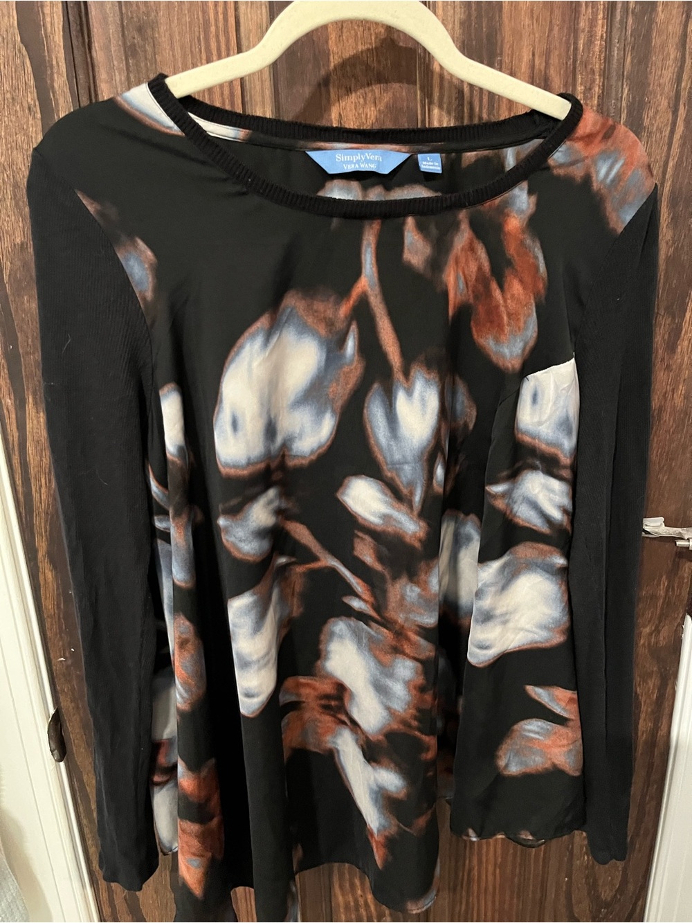 Vera Wang Black Tunic Top with Rust and Slate Accents. Asymmetrical Hem